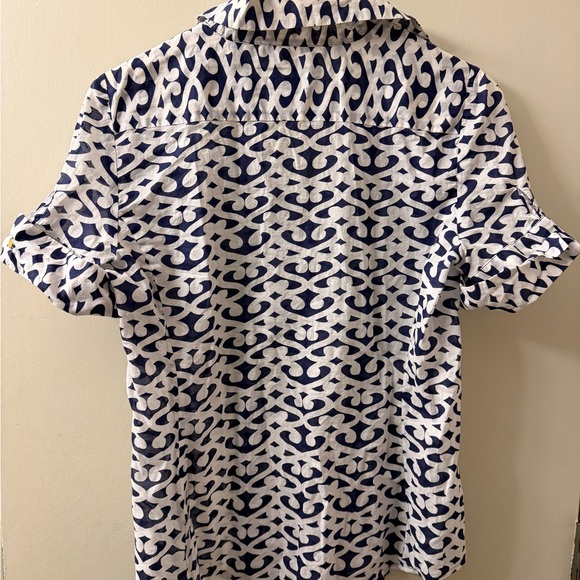 Ann Taylor Navy Blue and White Button Front Short Sleeve Top Size 10 - Picture 4 of 8